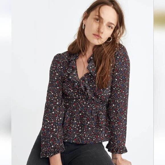 Madewell 100% Silk Ruffle Hem Wrap Top in Starry Night Size Small Style‎ K0208 - Picture 1 of 11